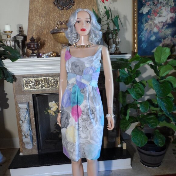 Moschino Cheap&chic Gray Multi Rose Print Sheath Dress w/Front Bow Detail Size 8 - Picture 3 of 16